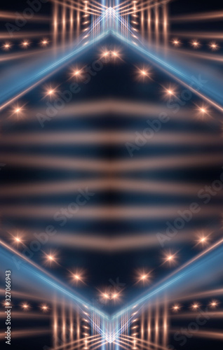 Abstract golden background, geometric circles, lines and rays. Night scene with spotlights. Symmetric reflection, neon light.