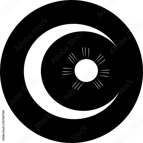 Islamic crescent moon and star dome in black circle icon. Isolated vector illustration Ramadan icon. Arabian icon. Arabian vector icon for Islamic star mosque, happy Ramadan and Islam symbol.