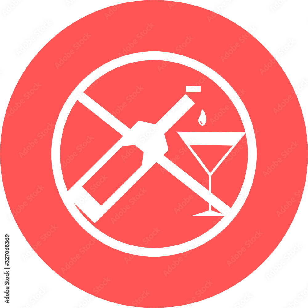 No alcohol drink in red circle icon. Warning label. Prohibition alcohol No alcohol drink in red circle icon. Warning label. Prohibition alcohol
