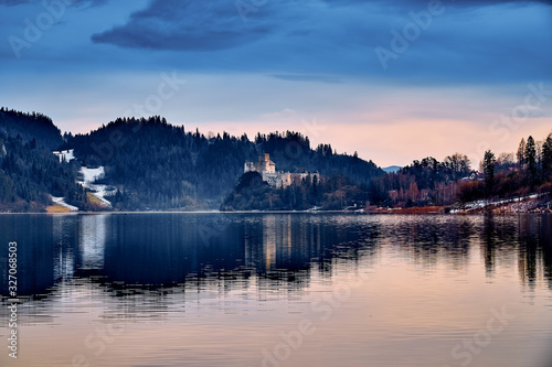 Beautiful panoramic view to the Niedzica Castle also known as Dunajec Castle, located in the southernmost part of Poland in Niedzica, Nowy Targ County, Dunajec River, Lake Czorsztyn