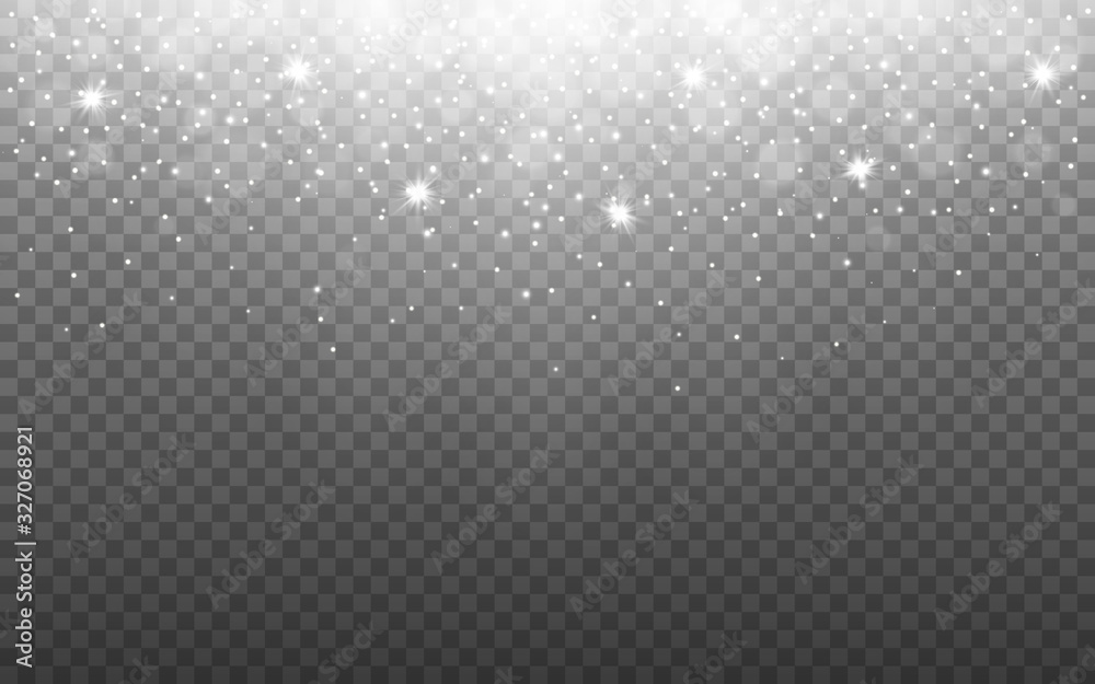 Glowing light with snow flakes on transparent backdrop. Silver glitter effect with rays. Shining particles and bokeh. Banner template with sparks. Vector illustration Glowing light with snow flakes on transparent backdrop. Silver glitter effect with rays. Shining particles and bokeh. Banner template with sparks. Vector illustration