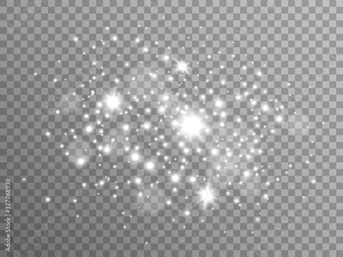 White stars and sparks on transparent backdrop. Silver particles with stardust. Magic glitter composition. Special light effect. Festive glowing particles. Vector illustration
