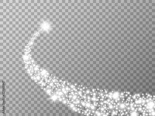 Glittering star on transparent backdrop. Silver flying particles. Sparkling swirl with stardust. Bright tail concept. Luxury design for banner, advertising, poster. Vector illustration