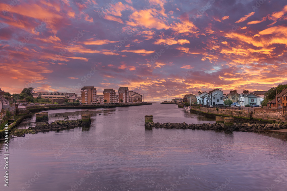 River Ayr in the Historic Ancient Town of Ayr in Scotland and a spectacular sunset over the River that Runs through the Town.