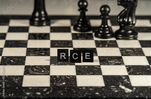 Rce the word or concept represented by black and white letter tiles on a marble chessboard with chess pieces photo