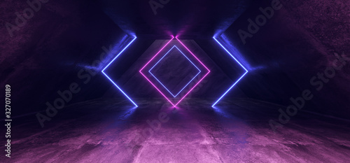 Fototapeta Naklejka Na Ścianę i Meble -  Futuristic Sci Fi Classic Blue Pantone Purple GRunge Garage Concrete Long Triangle Shaped Tunnel With Glowing Neon Signs Inside Empty Space 3D Rendering