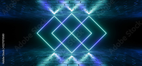 Futuristic Sci-Fi Blue Classic Pantone Glowing Neon Tube Rombus Shaped Lights In Dark Room With Hexagon Shaped Floor And Ceiling With Empty Space Wallpaper 3D Rendering