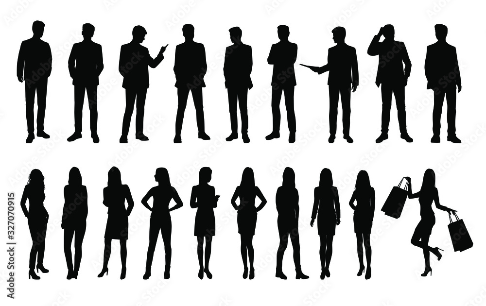 Set of vector silhouettes of men and women, a group of business people standing in various poses, black color, isolated on a white background Set of vector silhouettes of men and women, a group of business people standing in various poses, black color, isolated on a white background