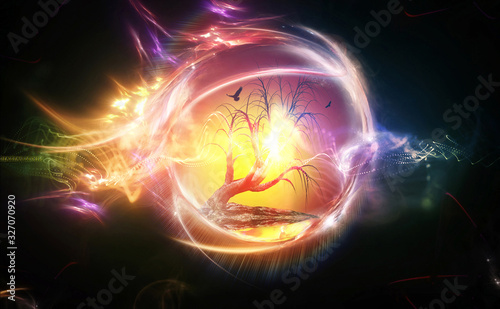 Canvas Print Abstract illustration of an energetic colorful meditation tree in empty space