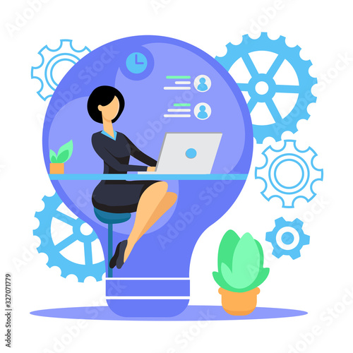 Vector icon of business lady in the computer office sitting on a high chair at a laptop and communicating with potential clients, teacher, distance learning, team work on a project, eps 10