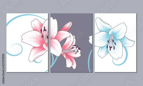 Set of 3 canvases for wall decoration in the living room, office, bedroom, kitchen, office. Home decor of the walls. Floral background with flowers of dahlias. Element for design. 
