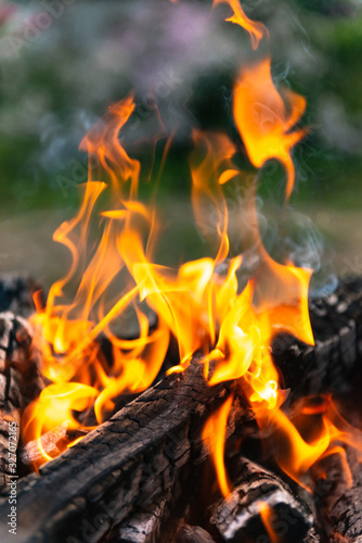 Burning fire. Flames with smoke rise up. Burning wood at close range.