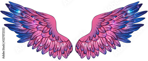 Beautiful magic bright glittery fuchsia wing with blue feathers, vector