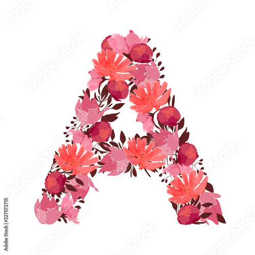 Vector floral capital letter, character A. Botanical monogram. Pink, maroon, coral color flowers in the shape of a bold letter isolated on white background. Chicory, peonies, lilies with branches.