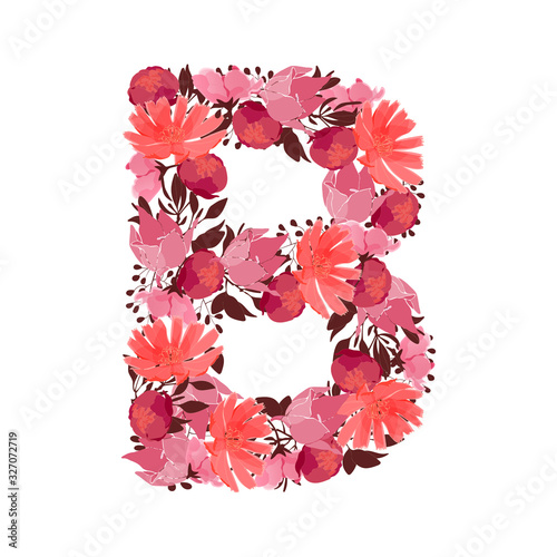 Vector floral capital letter, character B. Botanical monogram. Pink, maroon, coral color flowers in the shape of a bold letter isolated on white background. Chicory, peonies, lilies with branches.