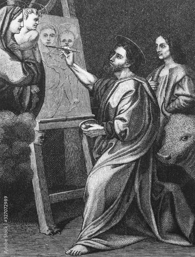 Fototapeta premium Saint Luc paints the Virgin by Raphael in the old book Peinture Italienne, by P. Mantz, 1870, Paris