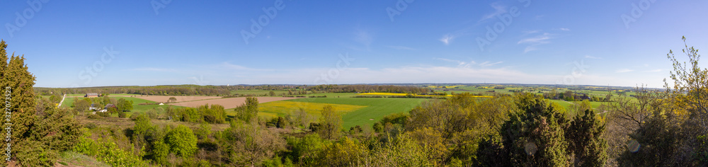 Panoramic view over the southern Sweden (Skåne, Scanian) farm landscape on a spring day with green field and yellow canola rapeseed fields