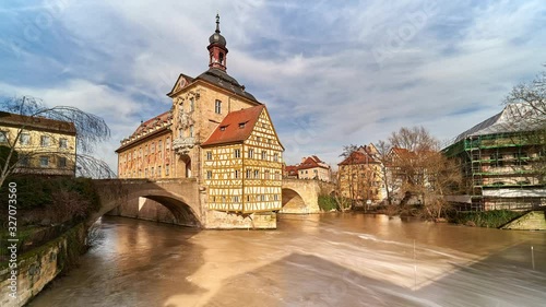 Bamberg. View of Old Town Hall of Bamberg with two bridges over the Regnitz river, Bavaria, Germany