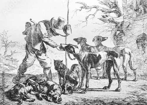 Picture of a man feeding dogs in the old book Des Peintres, by C. Blanc, 1863, Paris