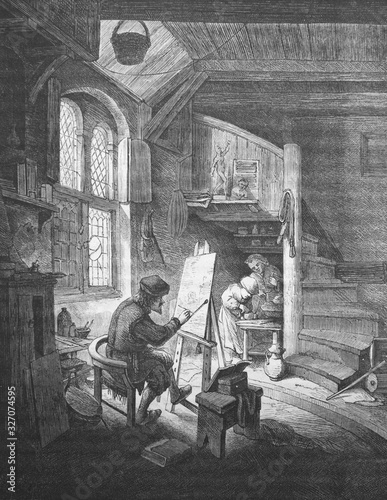 Painter is painting new picture by Van Ostade  in the old book Des Peintres, by C. Blanc, 1863, Paris photo
