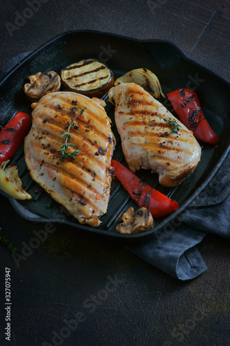 chicken fillet with grilled vegetables in a pan