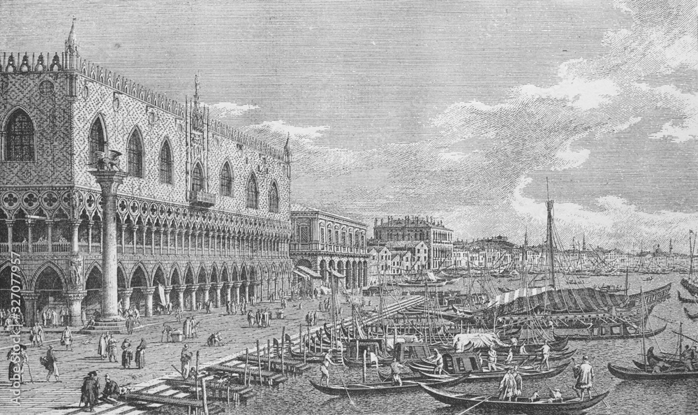 View of Venice. Gondolas by Canaletto in the old book Antonio Canal, by A. Moureau, 1892, Paris
