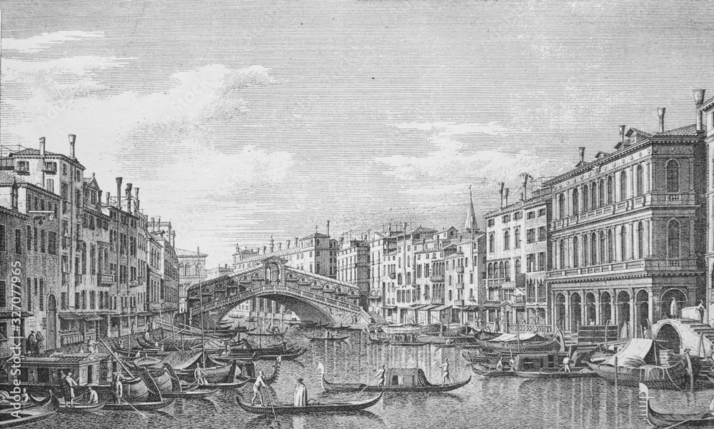 View of Venice. Gondolas by Canaletto in the old book Antonio Canal, by A. Moureau, 1892, Paris