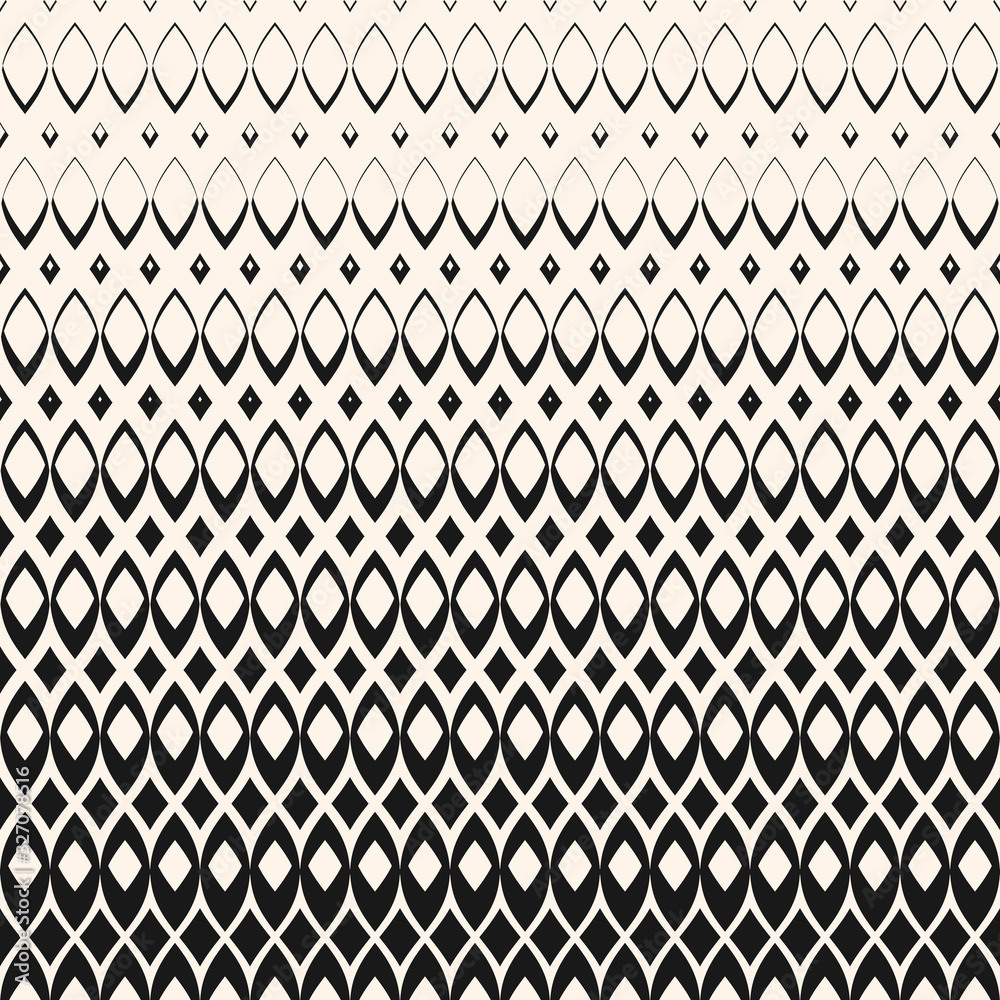 Fototapeta premium Vector halftone geometric pattern with carved diamond shapes, rhombuses.Fashionable print texture. Stylish monochrome abstract background with gradient transition effect. Horizontally seamless design