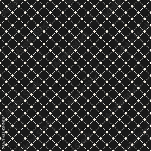 Vector minimalist seamless pattern, simple monochrome geometric texture with tiny circles and lines in diagonal grid. Abstract minimal background, repeat tiles. Dark stylish design for fabric, covers