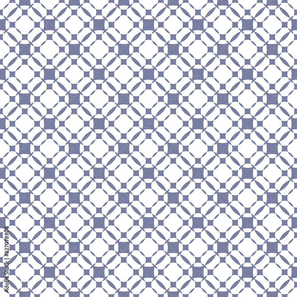 Vector grid seamless pattern, geometric texture with circles, squares, perforated surface. Graphic illustration of mesh. Simple repeat abstract background in trendy colors, white and blue serenity