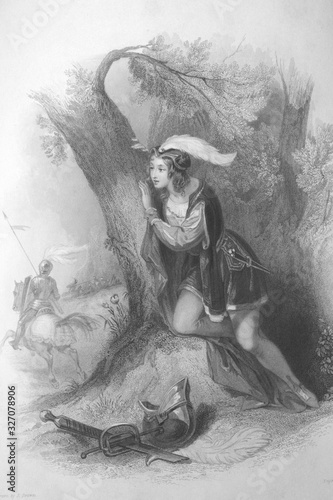 Girl soldier hide from a knight in the old book The Findens' Tableaux, by M. Mitford, 1889, London