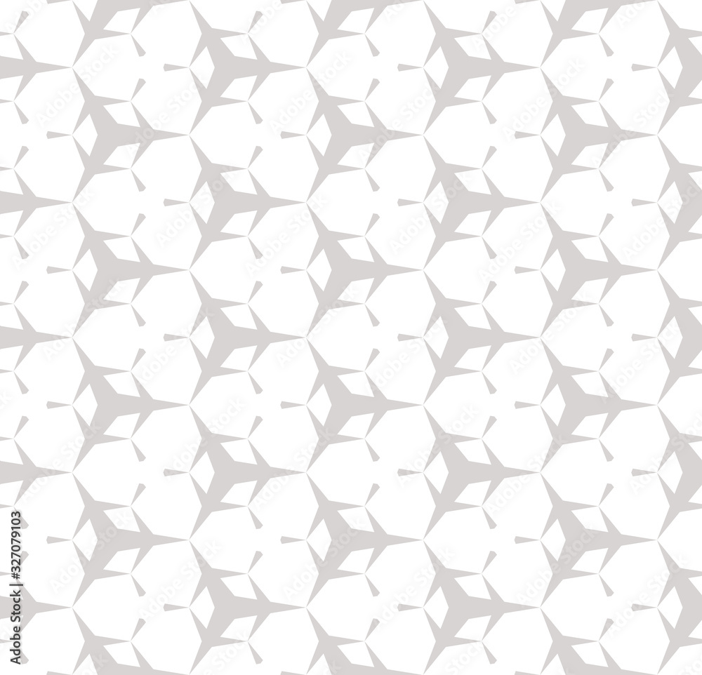 Subtle vector white and gray texture. Seamless pattern with simple sharped figures, triangular shapes, hexagonal geometric lattice. Repeat abstract background. Design for fabric, prints, covers, web