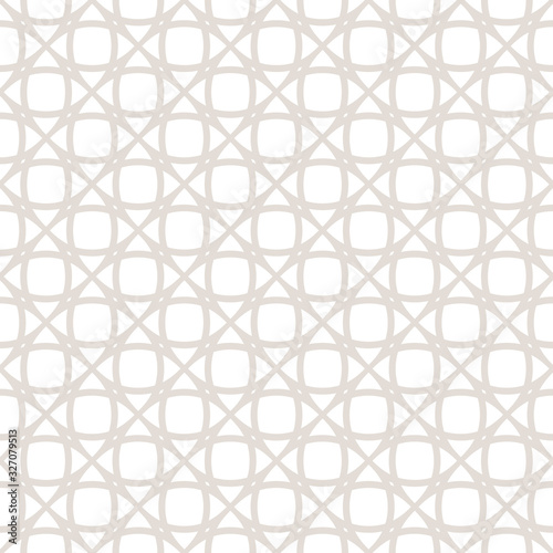 Subtle seamless pattern. Vector texture with delicate grid, net, mesh, lace, lattice, weave. Simple abstract white and beige geometric background, repeat tiles. Minimalist design for decor, fabric