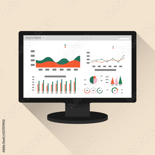 Financial accounting report concept on computer screen. office things for planning and accounting, analysis, audit, project management, marketing, research vector illustration