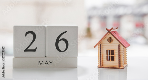 May calendar and toy home. Day 26 of month. Card message for print or remember