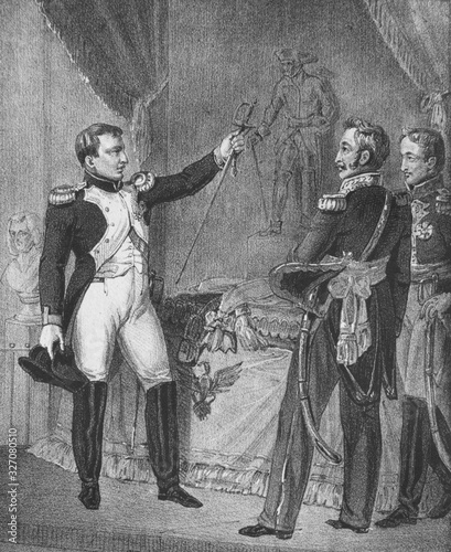 Napoleon gives directions to his subordinates in the old book Napoleon, by A. Lacrosse, Bruxelles, 1838