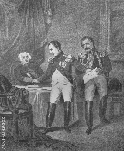 Napoleon signs a document in the old book Napoleon, by A. Lacrosse, Bruxelles, 1838 photo