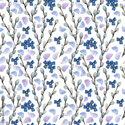 Spring watercolor seamless pattern. Background of willow branches of delicate petals and small blue flowers