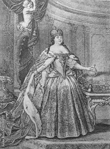 Portrait of the Russian empress Anna Ioannovna in the old book The Engraved Portraits, vol. 1 by D. Rovinskiy, 1886, S.-Petersburg © wowinside