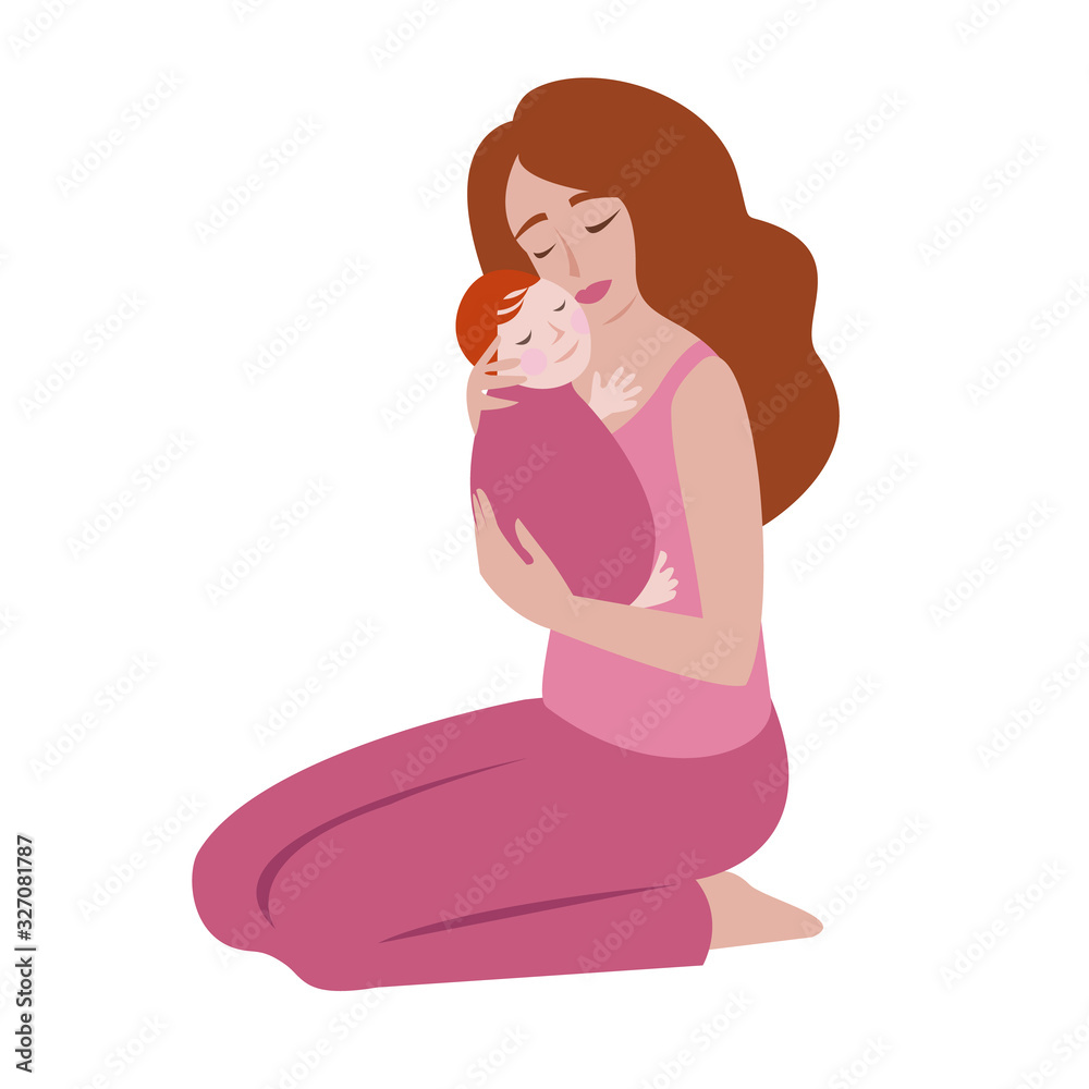 Young happy sitting beautiful woman with newborn baby. Young mother holding baby. Vector illustration Young happy sitting beautiful woman with newborn baby. Young mother holding baby. Vector illustration