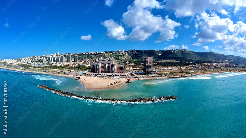 Carmel beach Haifa and the hotels areal shot from the sea 
