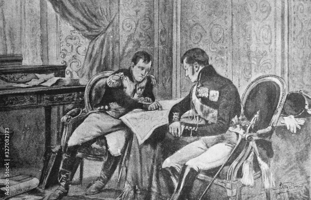 Napoleon and Alexander I consider a map of Europe. Drawing of Groleron in the old book The life of Napoleon, by W. Sloon, 1896, S.-Petersburg