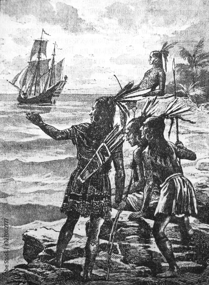 Obraz premium Columbus discovering America. Indians. in the old book Christopher Columbus, by A. Kalmykova, 1896, S.-Petersburg