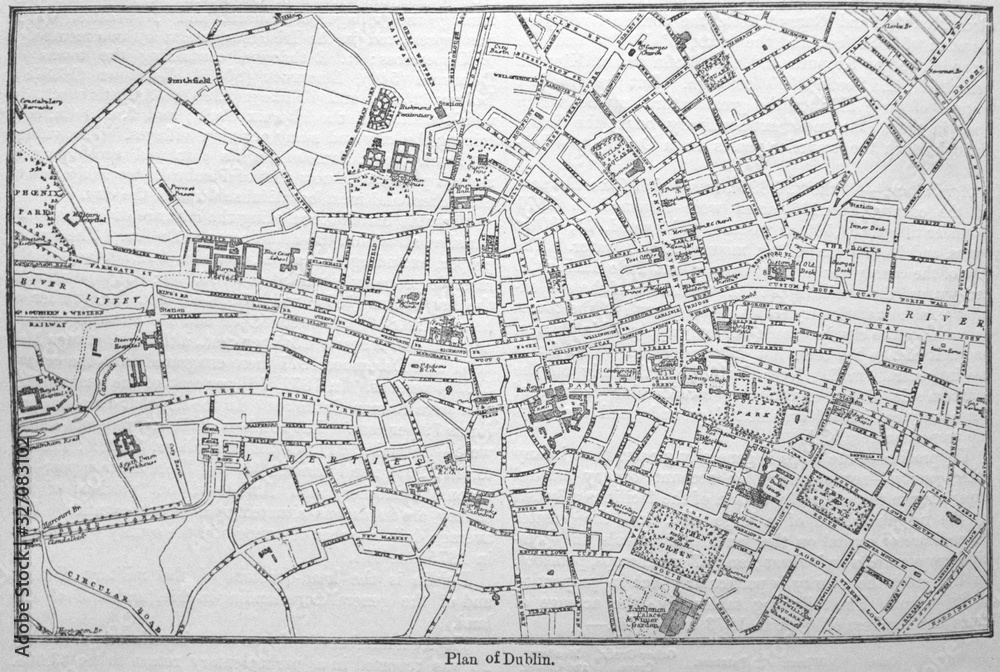 Plan of Dublin in the old book The Encyclopaedia Britannica, vol. 7, by C. Blake, 1877, Edinburgh
