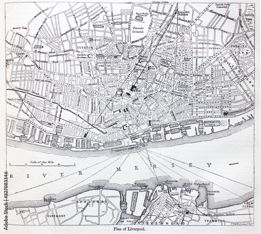 Obraz premium Plan of Liverpool in the old book The Encyclopaedia Britannica, vol. 14, by C. Blake, 1882, Edinburgh