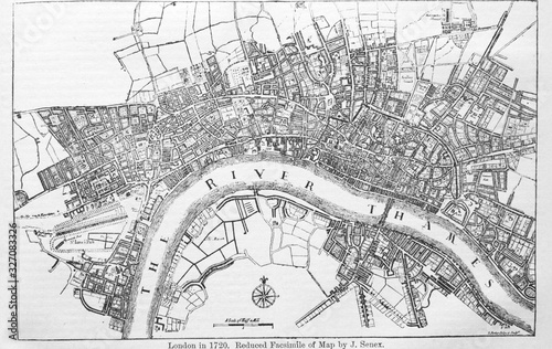 Plan of London in 1720 in the old book The Encyclopaedia Britannica, vol. 14, by C. Blake, 1882, Edinburgh