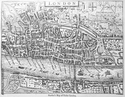 Map of Tudor London in the Stewart Period (1603 -1714) in the old book The Encyclopaedia Britannica, vol. 14, by C. Blake, 1882, Edinburgh