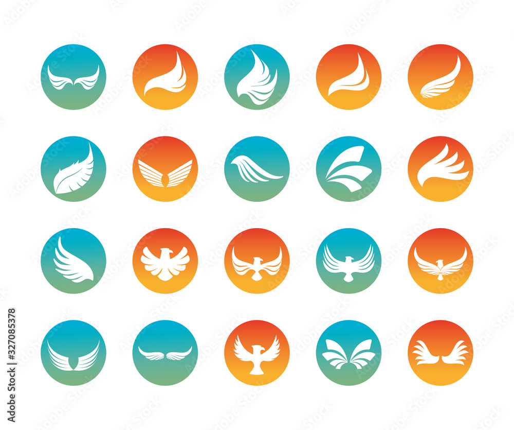 Isolated wings and eagles silhouette block style icon set vector design