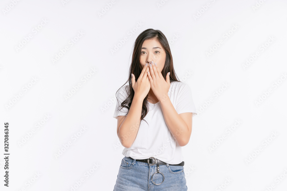 Asian girl surprised exciting concept, Surprise shocked excited woman face isolated on white background t-shirt Short jeans. Copy space Asian girl surprised exciting concept, Surprise shocked excited woman face isolated on white background t-shirt Short jeans. Copy space