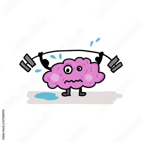 Hard working brain character exercising in the gym. Funny doodle comic illustration.